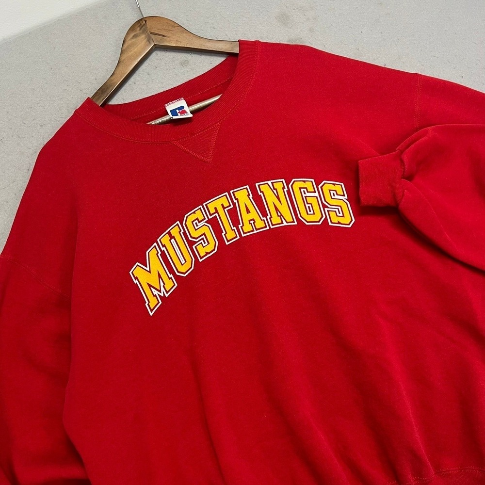 Vintage 90s Russell‎ Athletic Mustangs Sweatshirt Red Crewneck Mens 2XL Spellout